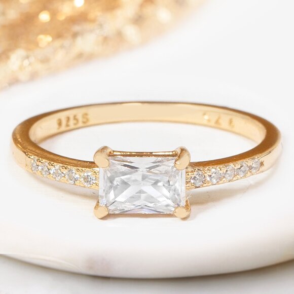 Dainty Emerald Cut ring, 925 Sterling Silver with 10k gold finish Pavé Band - Picture 3 of 4